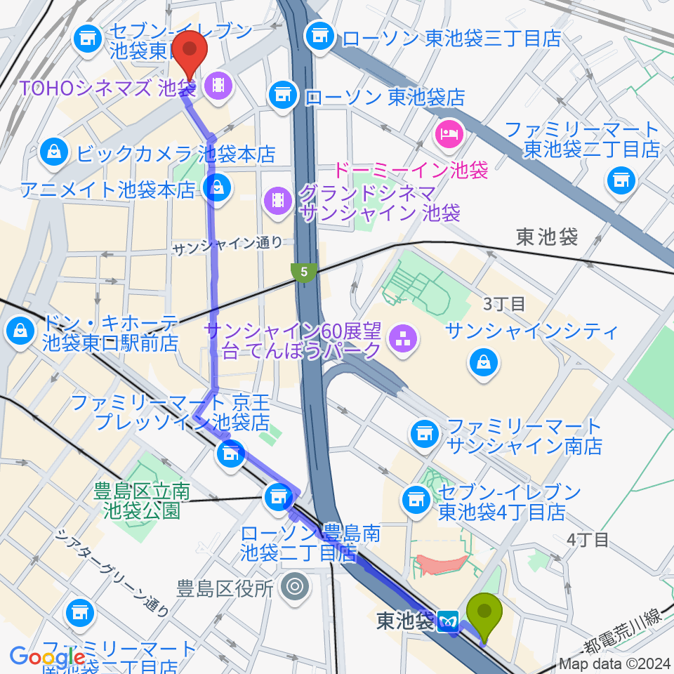 東池袋駅からベースハウスイケベ池袋へのルートマップ地図