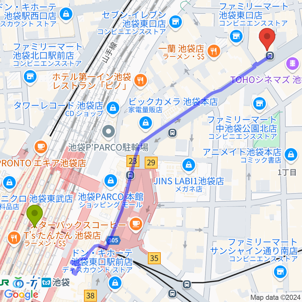 イケベ楽器店GET STOMPの最寄駅池袋駅からの徒歩ルート（約8分）地図