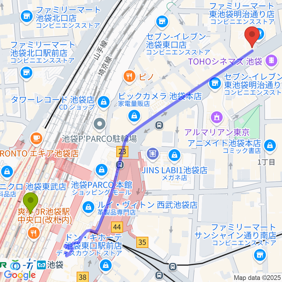 イケベ楽器店GET STOMPの最寄駅池袋駅からの徒歩ルート（約8分）地図