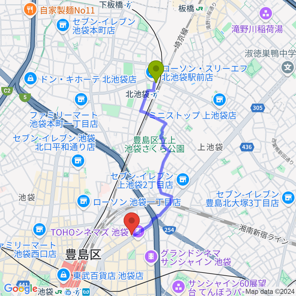 北池袋駅からイケベ楽器店GET STOMPへのルートマップ地図