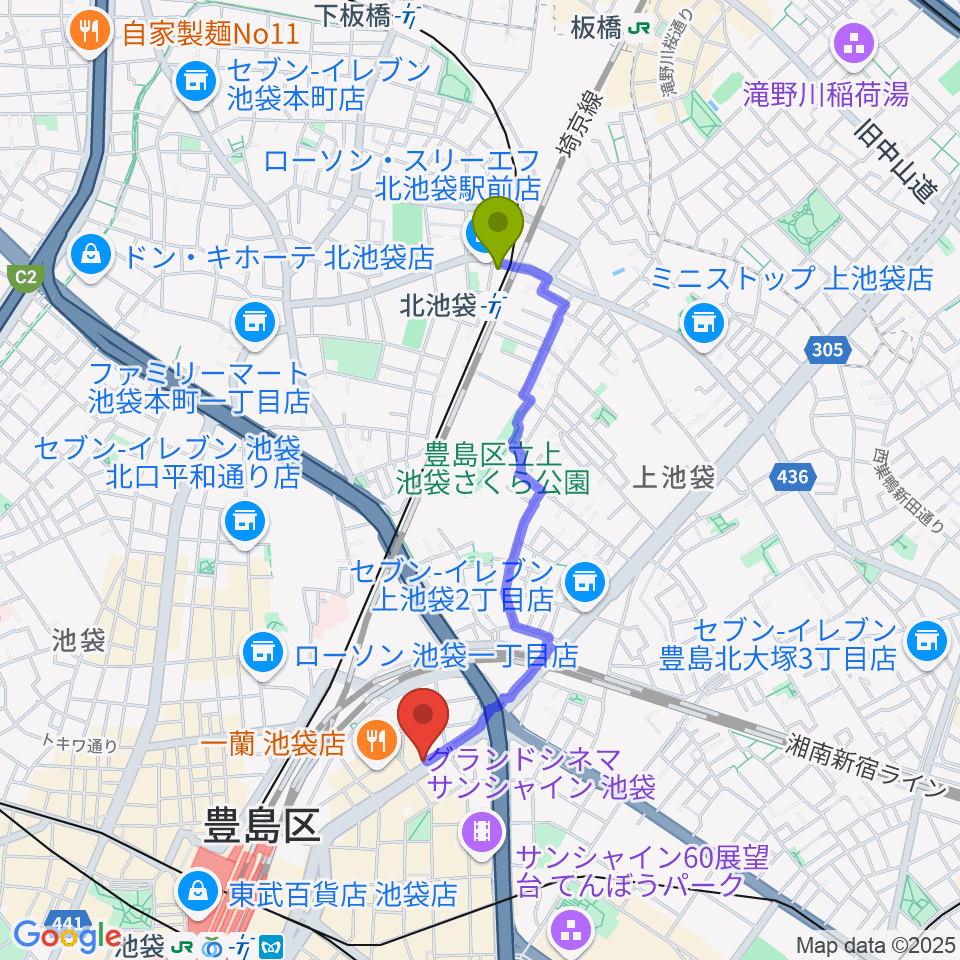 北池袋駅からイケベ楽器店GET STOMPへのルートマップ地図