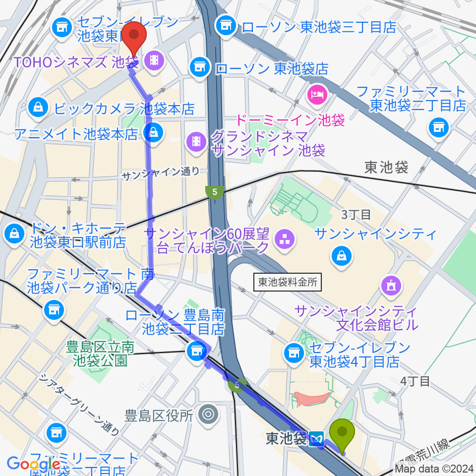 東池袋駅からイケベ楽器店GET STOMPへのルートマップ地図