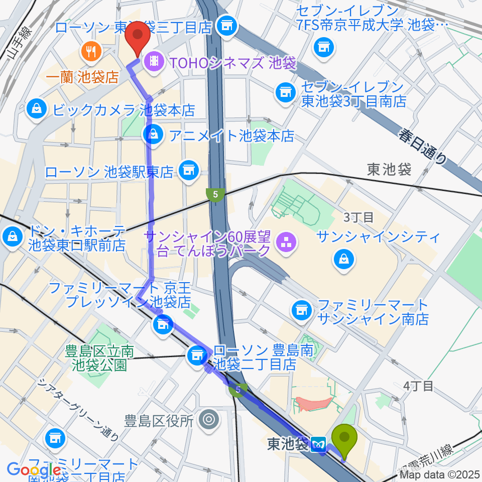 東池袋駅からイケベ楽器店GET STOMPへのルートマップ地図