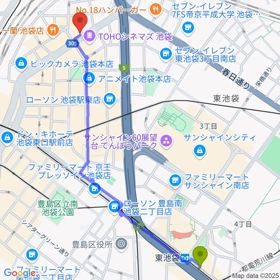 東池袋駅からイケベ楽器店GET STOMPへのルートマップ地図