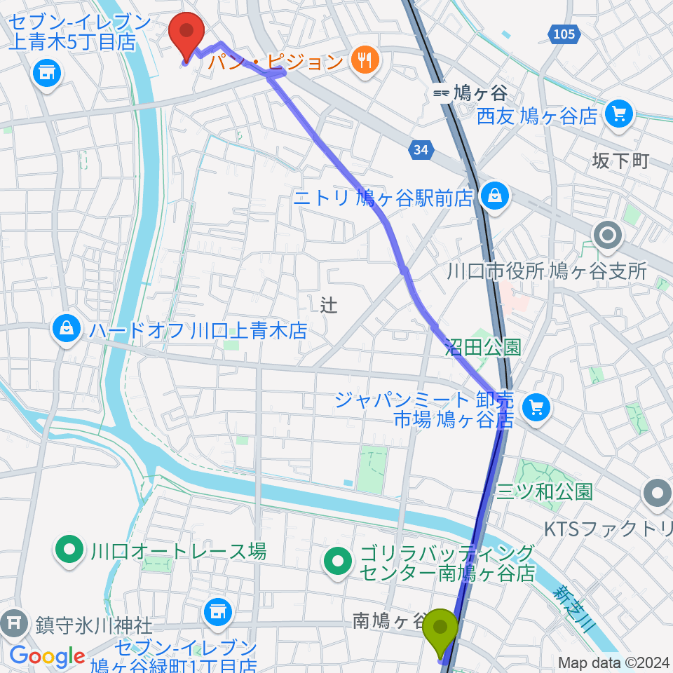 南鳩ヶ谷駅から上野ピアノ教室へのルートマップ地図