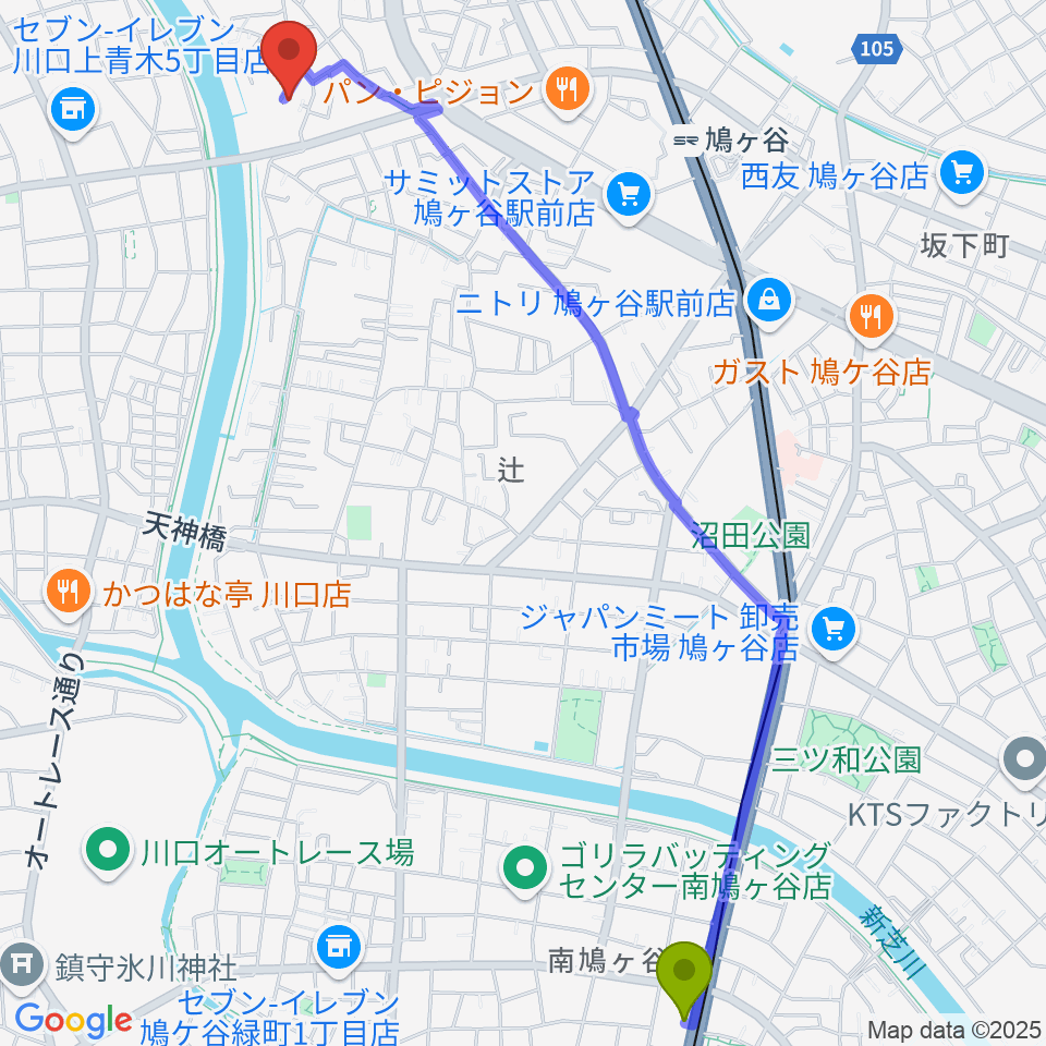 南鳩ヶ谷駅から上野ピアノ教室へのルートマップ地図