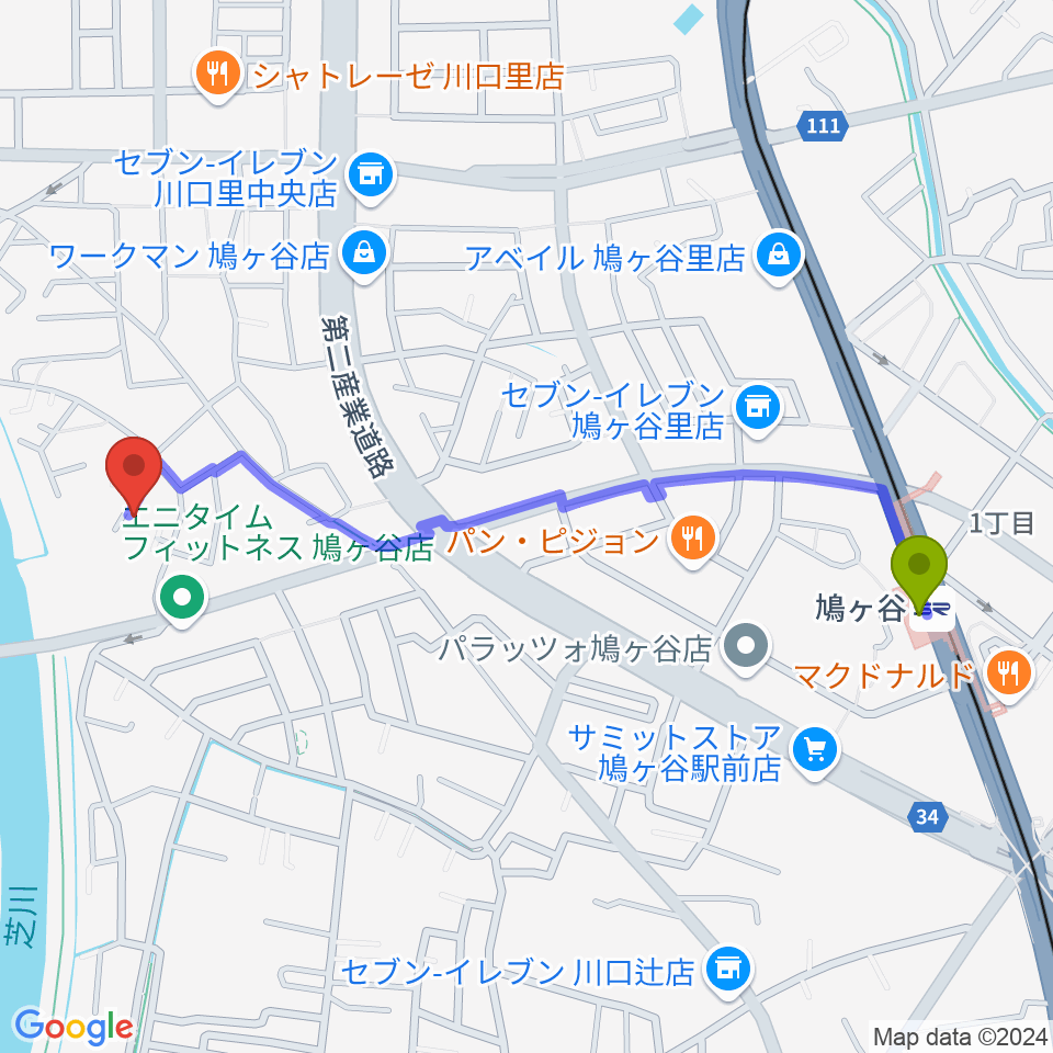 上野ピアノ教室の最寄駅鳩ヶ谷駅からの徒歩ルート（約12分）地図