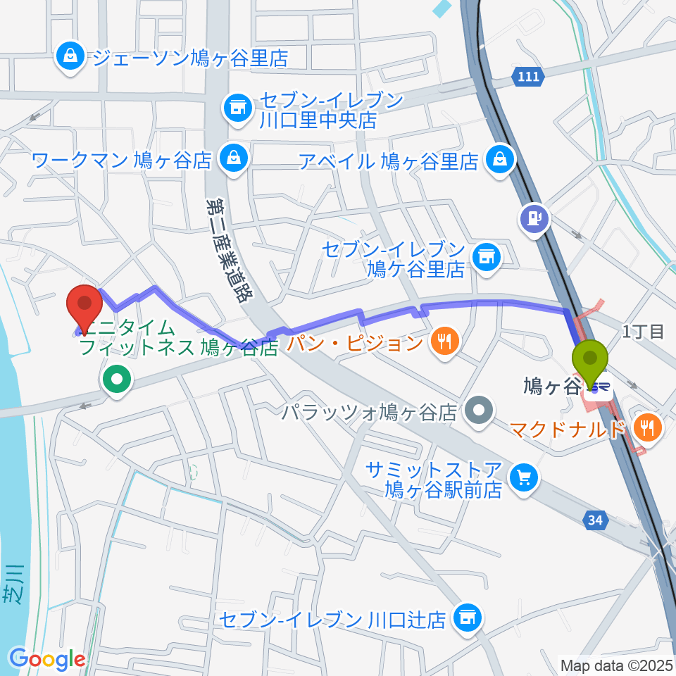 上野ピアノ教室の最寄駅鳩ヶ谷駅からの徒歩ルート（約12分）地図