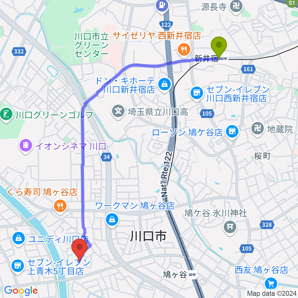 新井宿駅から上野ピアノ教室へのルートマップ地図