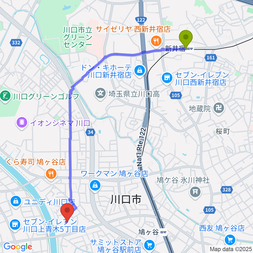 新井宿駅から上野ピアノ教室へのルートマップ地図