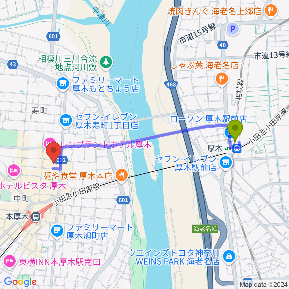 厚木駅からあつぎのえいがかんkikiへのルートマップ地図