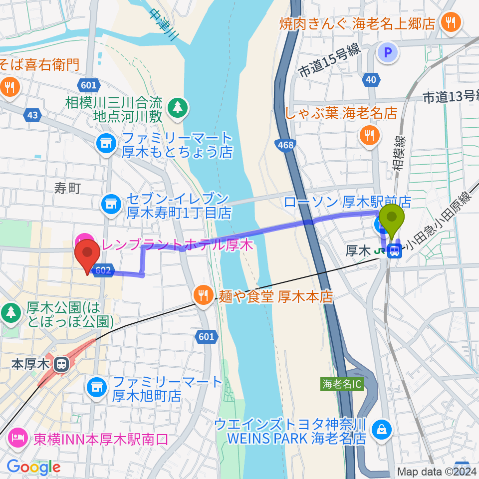 厚木駅からあつぎのえいがかんkikiへのルートマップ地図