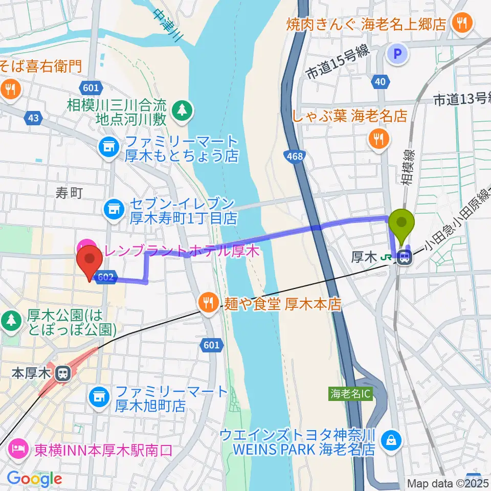 厚木駅からあつぎのえいがかんkikiへのルートマップ地図