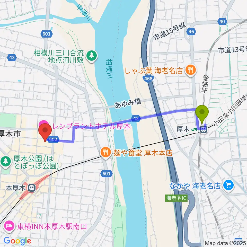 厚木駅からあつぎのえいがかんkikiへのルートマップ地図