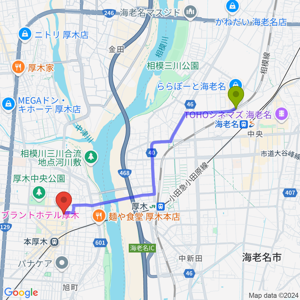 海老名駅からあつぎのえいがかんkikiへのルートマップ地図