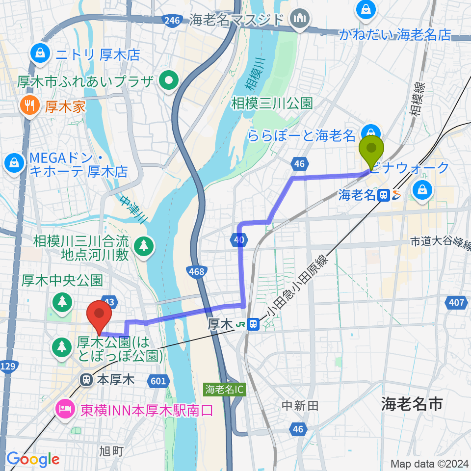 海老名駅からあつぎのえいがかんkikiへのルートマップ地図