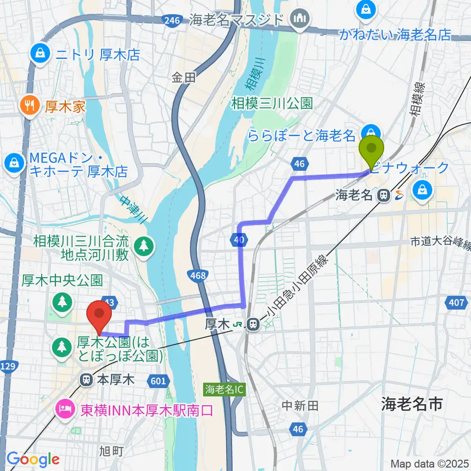 海老名駅からあつぎのえいがかんkikiへのルートマップ地図