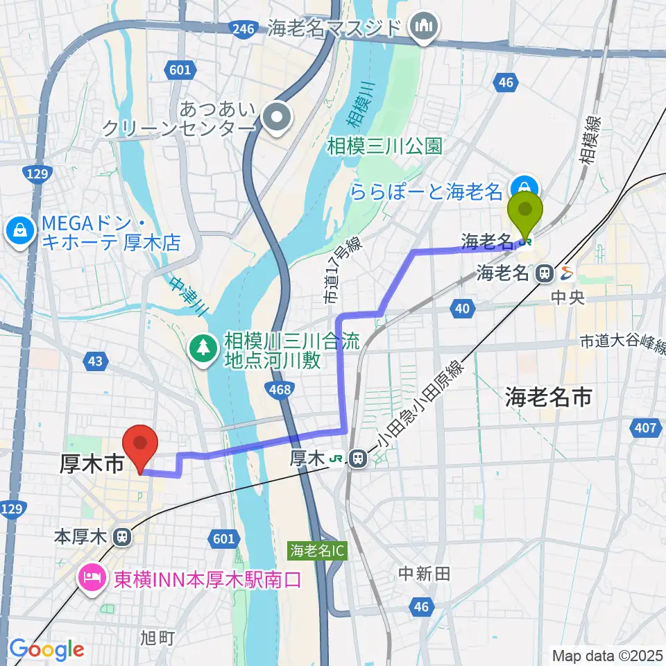 海老名駅からあつぎのえいがかんkikiへのルートマップ地図
