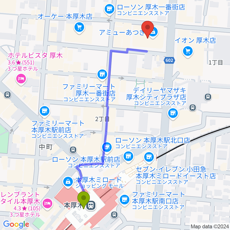 あつぎのえいがかんkikiの最寄駅本厚木駅からの徒歩ルート（約6分）地図