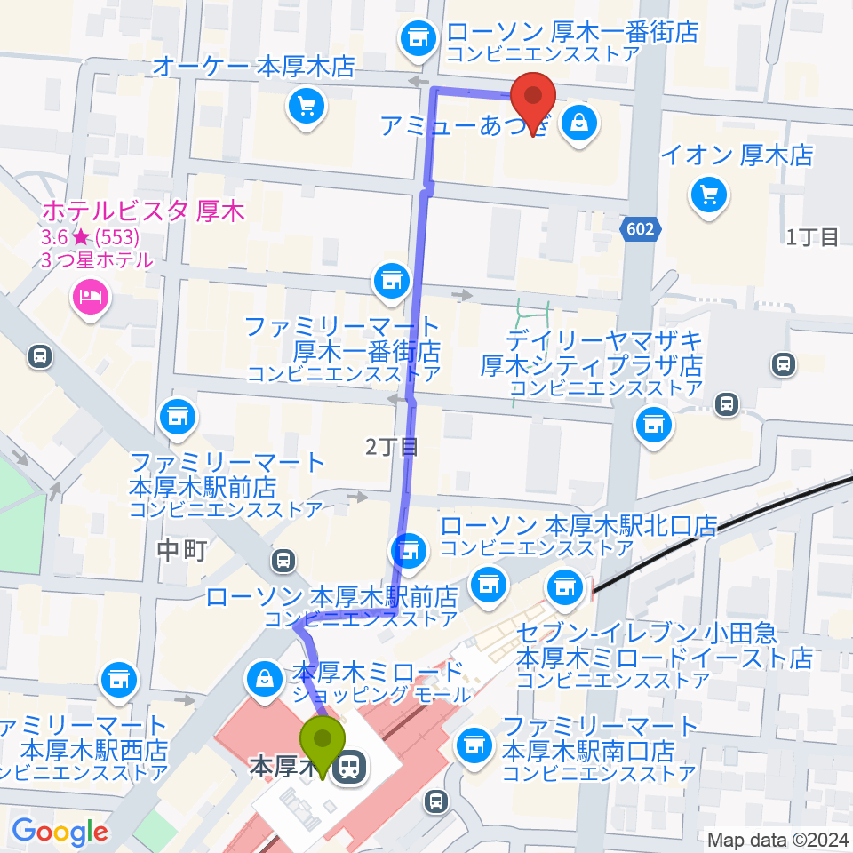 あつぎのえいがかんkikiの最寄駅本厚木駅からの徒歩ルート（約6分）地図