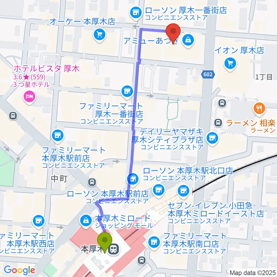 あつぎのえいがかんkikiの最寄駅本厚木駅からの徒歩ルート（約6分）地図