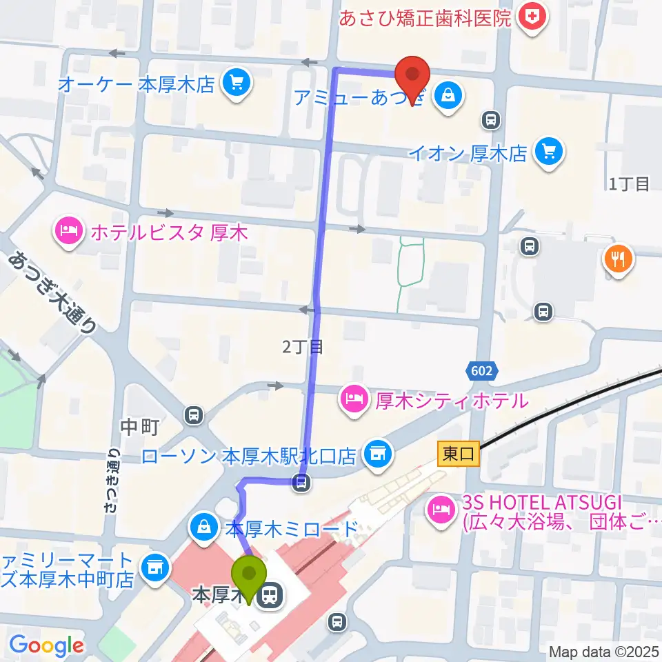 あつぎのえいがかんkikiの最寄駅本厚木駅からの徒歩ルート（約6分）地図