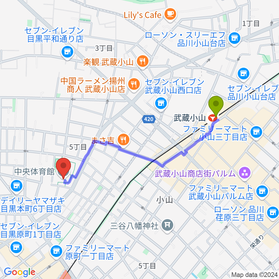 武蔵小山駅から目黒区立中央体育館へのルートマップ地図