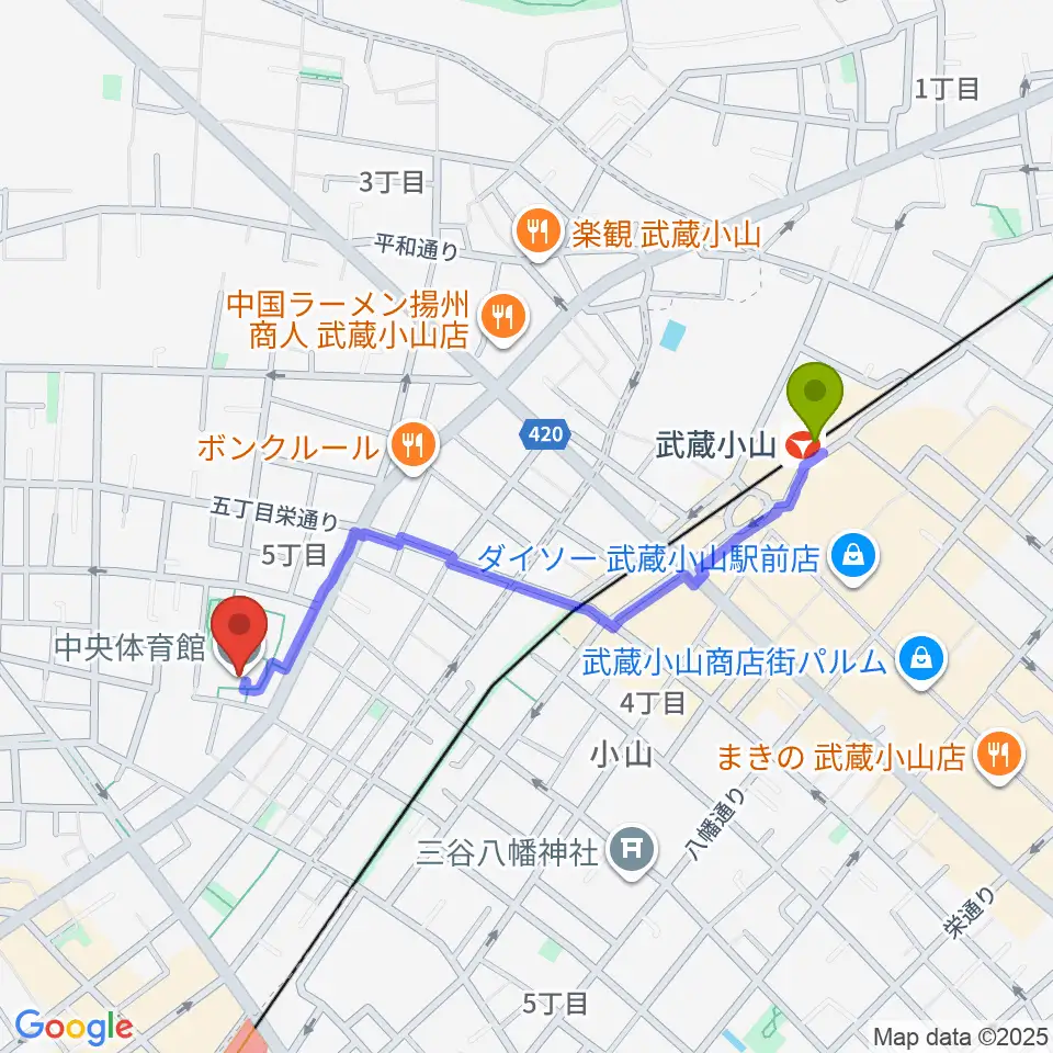 武蔵小山駅から目黒区立中央体育館へのルートマップ地図