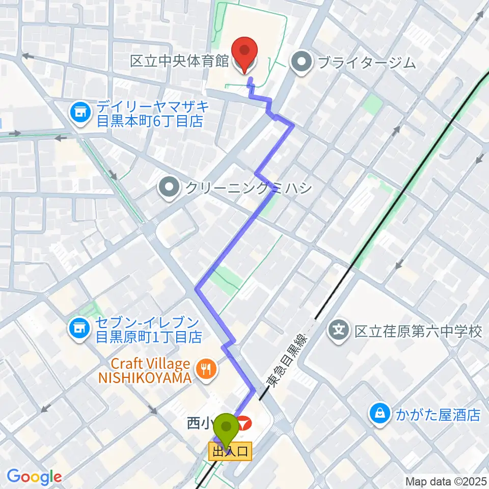 目黒区立中央体育館の最寄駅西小山駅からの徒歩ルート（約6分）地図