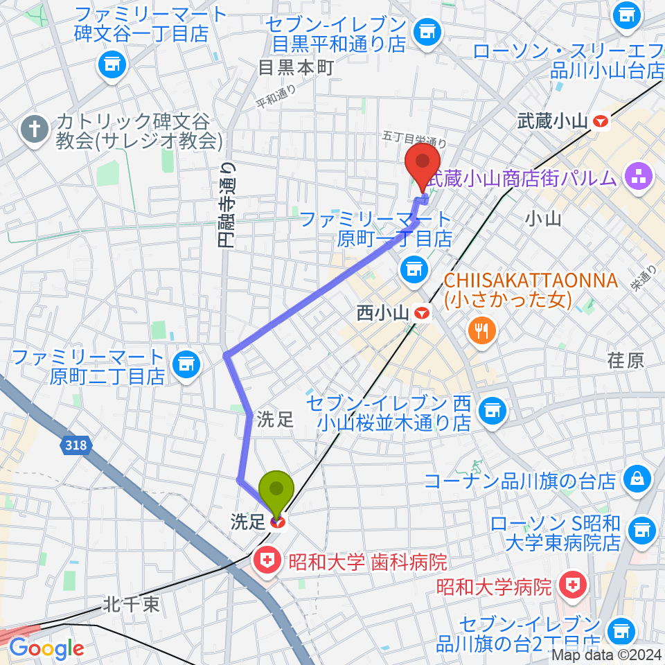 洗足駅から目黒区立中央体育館へのルートマップ地図