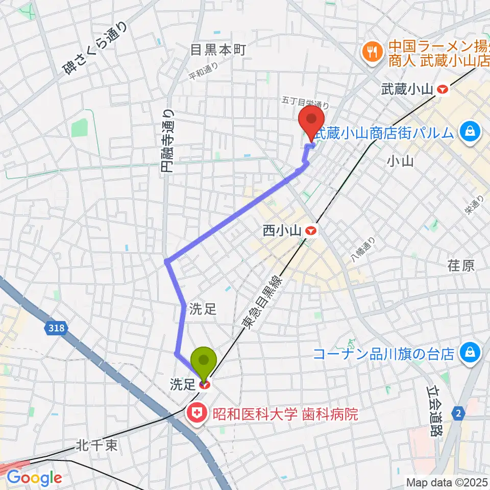 洗足駅から目黒区立中央体育館へのルートマップ地図