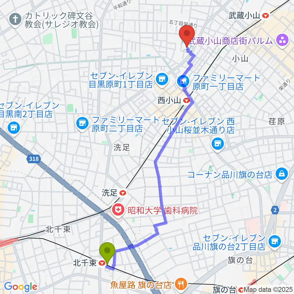 北千束駅から目黒区立中央体育館へのルートマップ地図