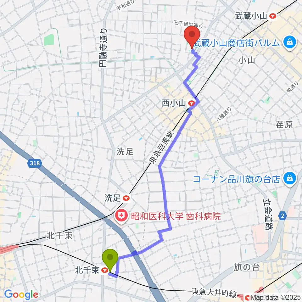 北千束駅から目黒区立中央体育館へのルートマップ地図
