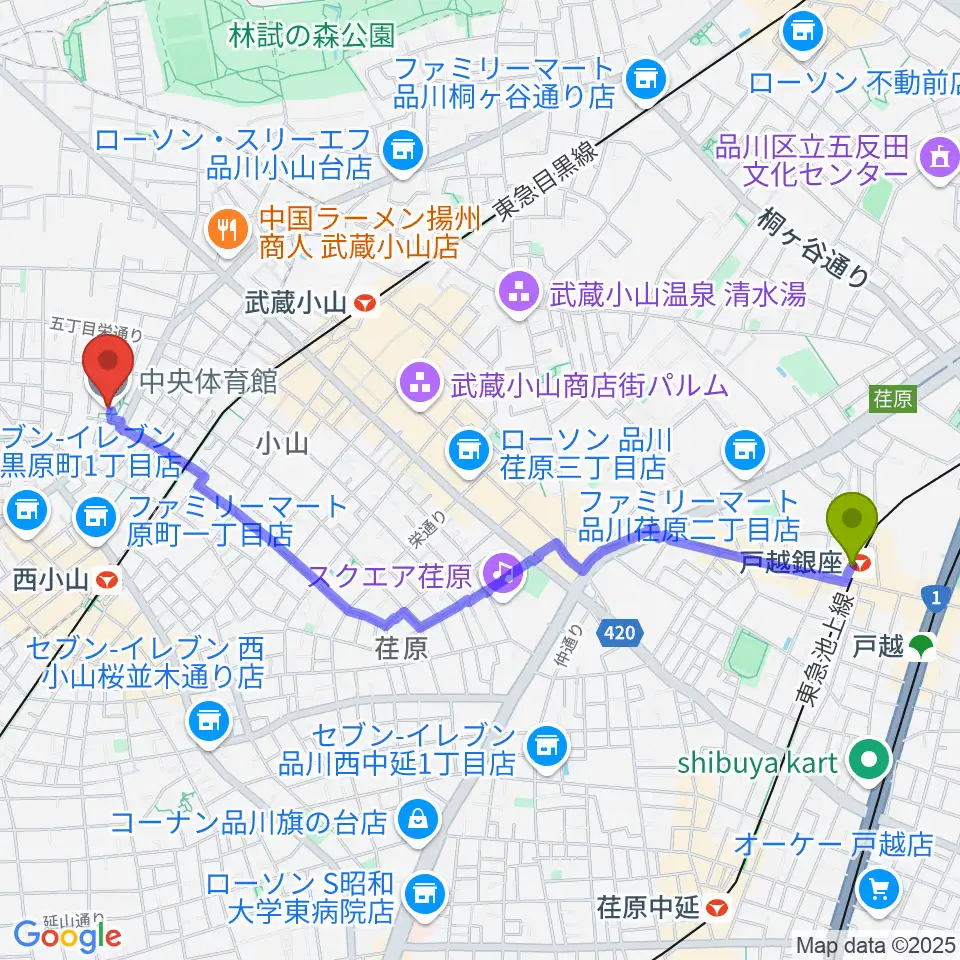 戸越銀座駅から目黒区立中央体育館へのルートマップ地図