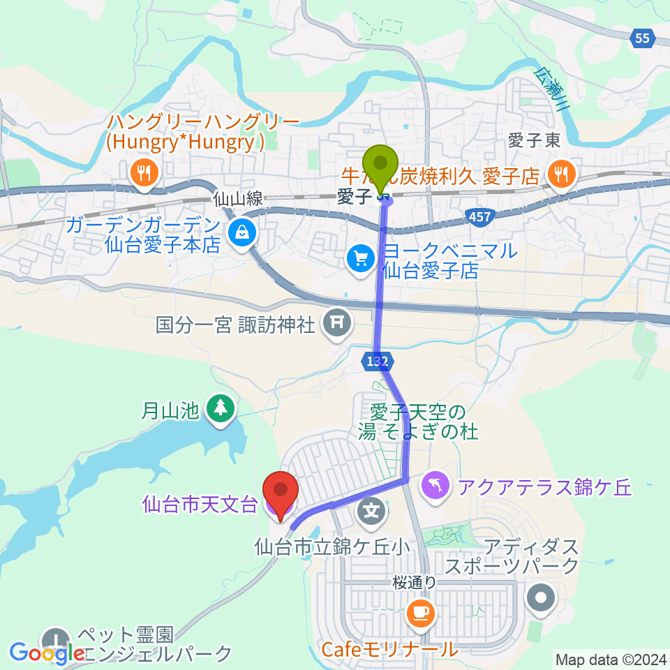 仙台市天文台の最寄駅愛子駅からの徒歩ルート（約31分）地図