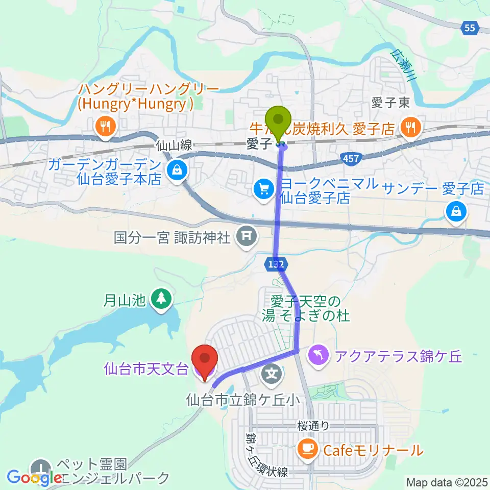 仙台市天文台の最寄駅愛子駅からの徒歩ルート（約31分）地図