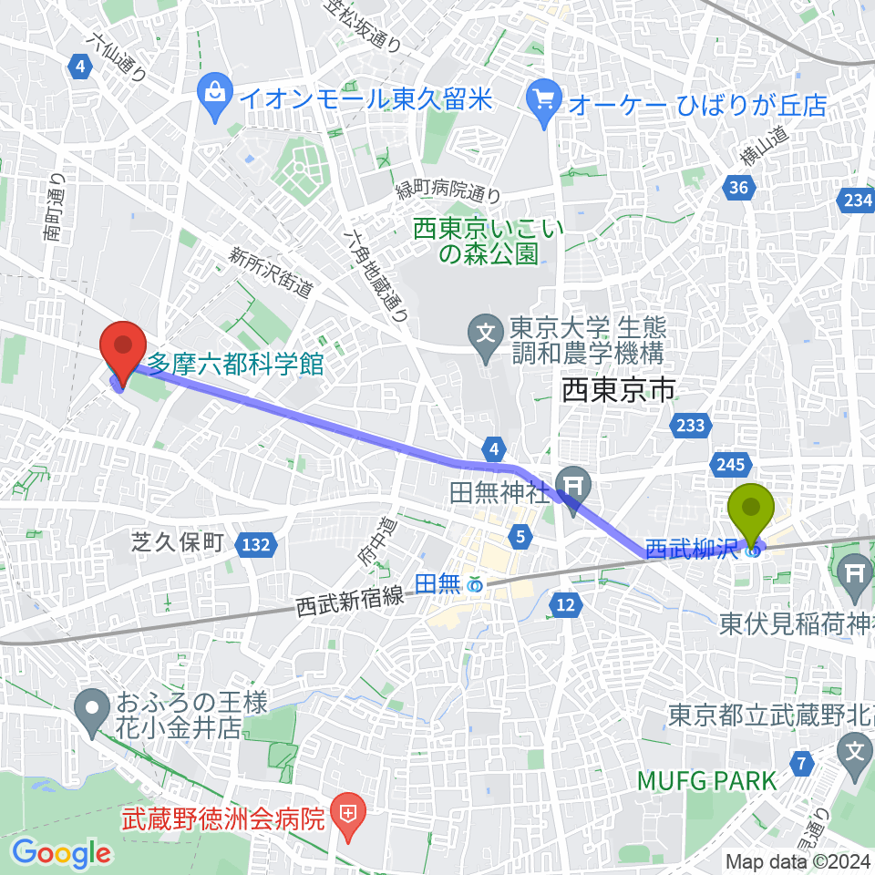 西武柳沢駅から多摩六都科学館へのルートマップ地図