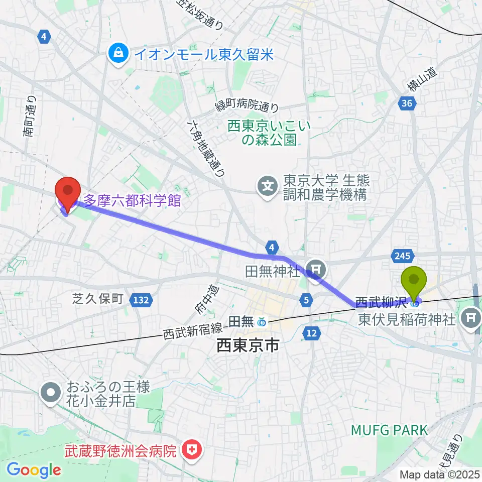 西武柳沢駅から多摩六都科学館へのルートマップ地図
