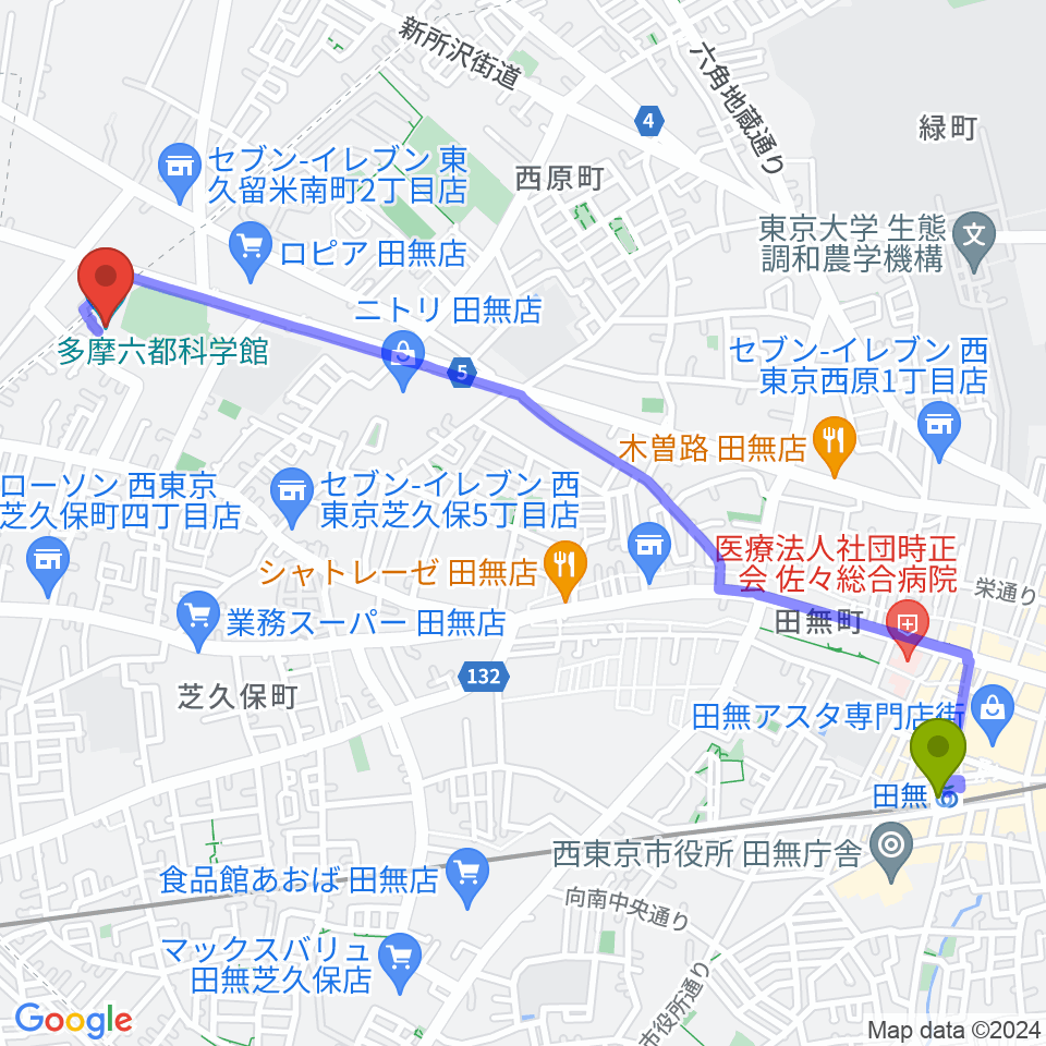 田無駅から多摩六都科学館へのルートマップ地図