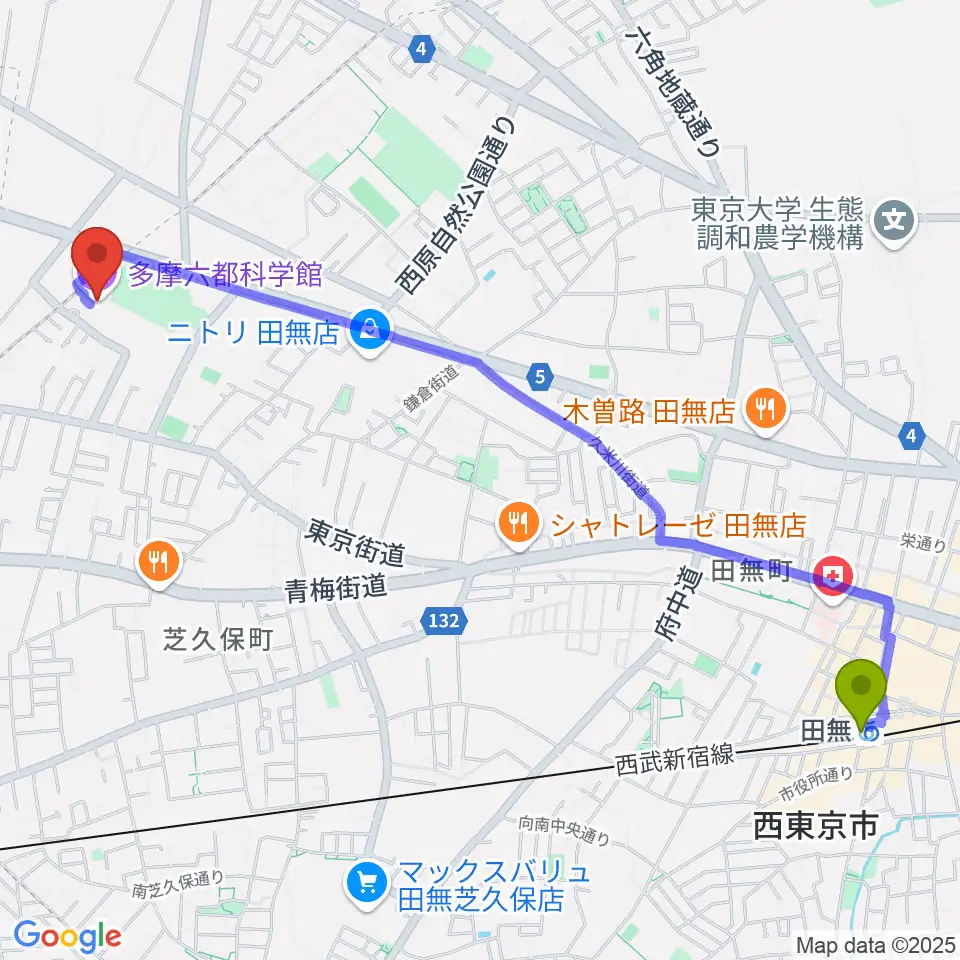 田無駅から多摩六都科学館へのルートマップ地図