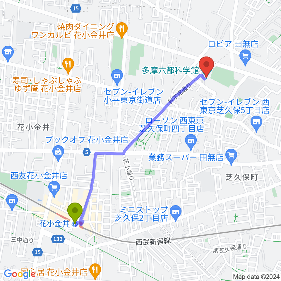 多摩六都科学館の最寄駅花小金井駅からの徒歩ルート（約22分）地図