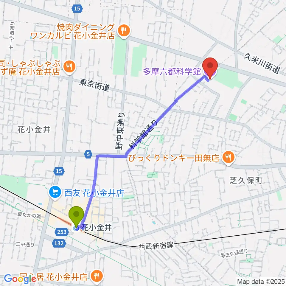 多摩六都科学館の最寄駅花小金井駅からの徒歩ルート（約22分）地図