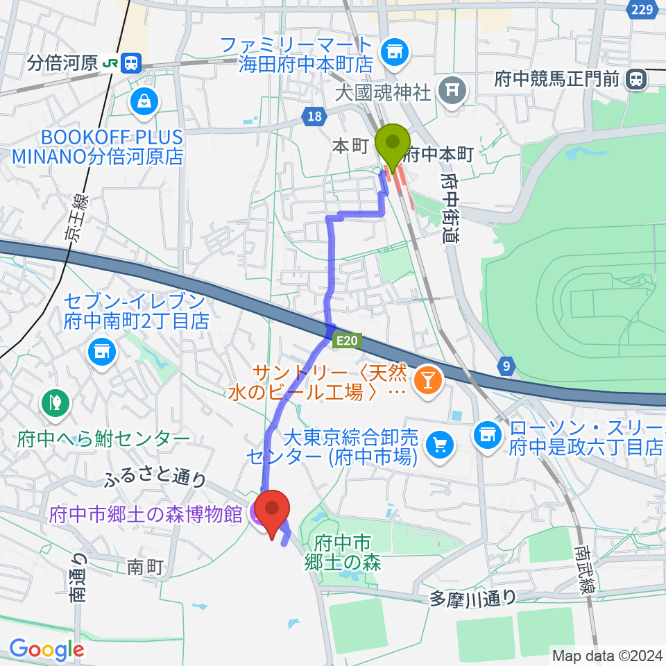 府中市郷土の森博物館の最寄駅府中本町駅からの徒歩ルート（約18分）地図