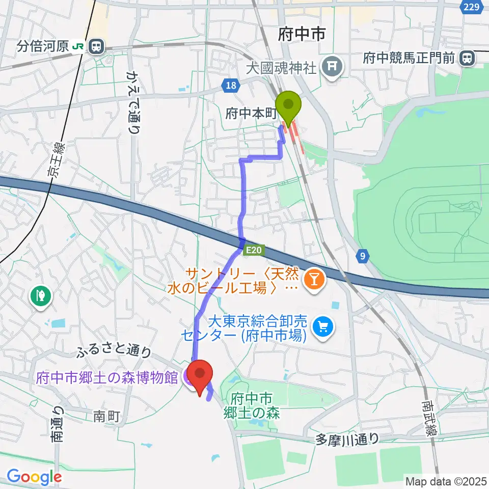 府中市郷土の森博物館の最寄駅府中本町駅からの徒歩ルート（約18分）地図