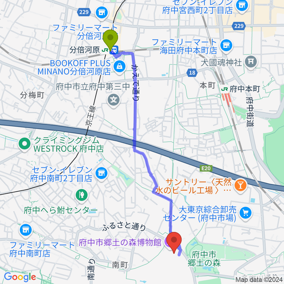 分倍河原駅から府中市郷土の森博物館へのルートマップ地図