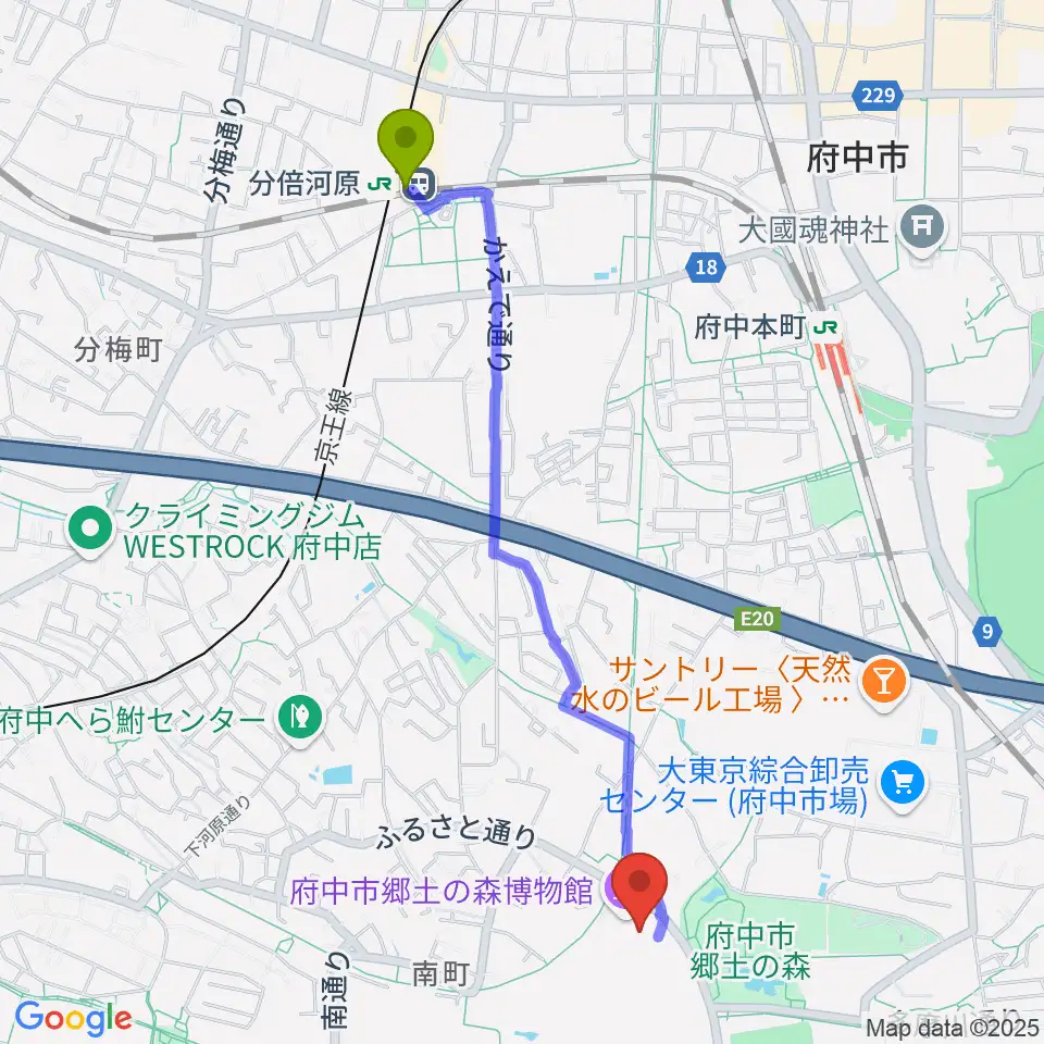 分倍河原駅から府中市郷土の森博物館へのルートマップ地図