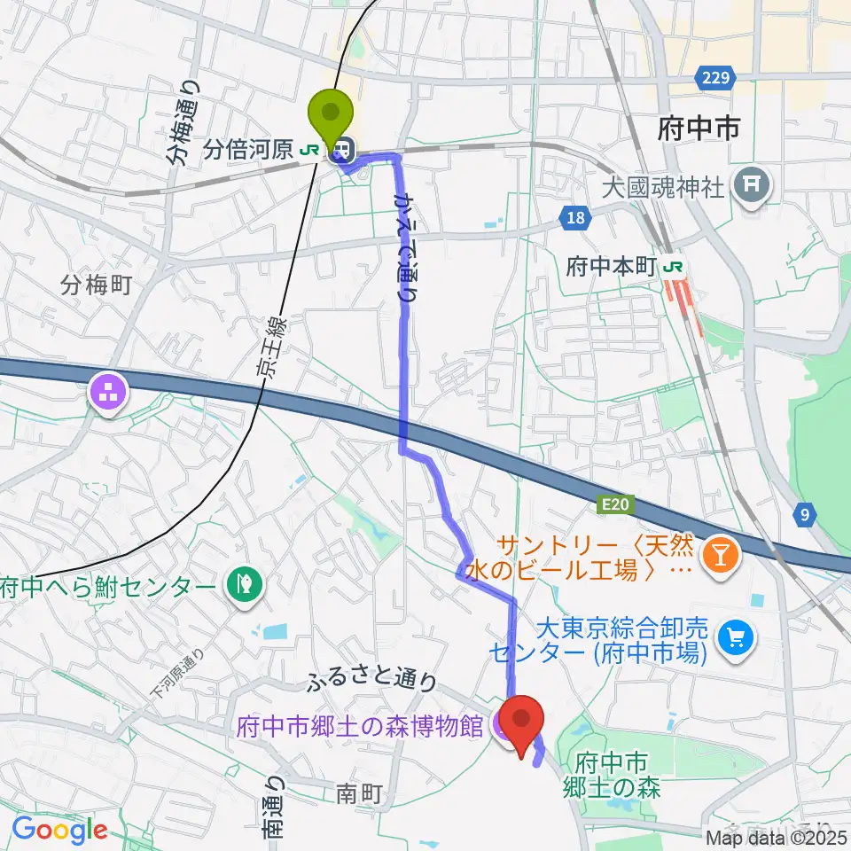 分倍河原駅から府中市郷土の森博物館へのルートマップ地図