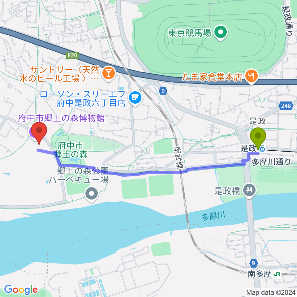 是政駅から府中市郷土の森博物館へのルートマップ地図