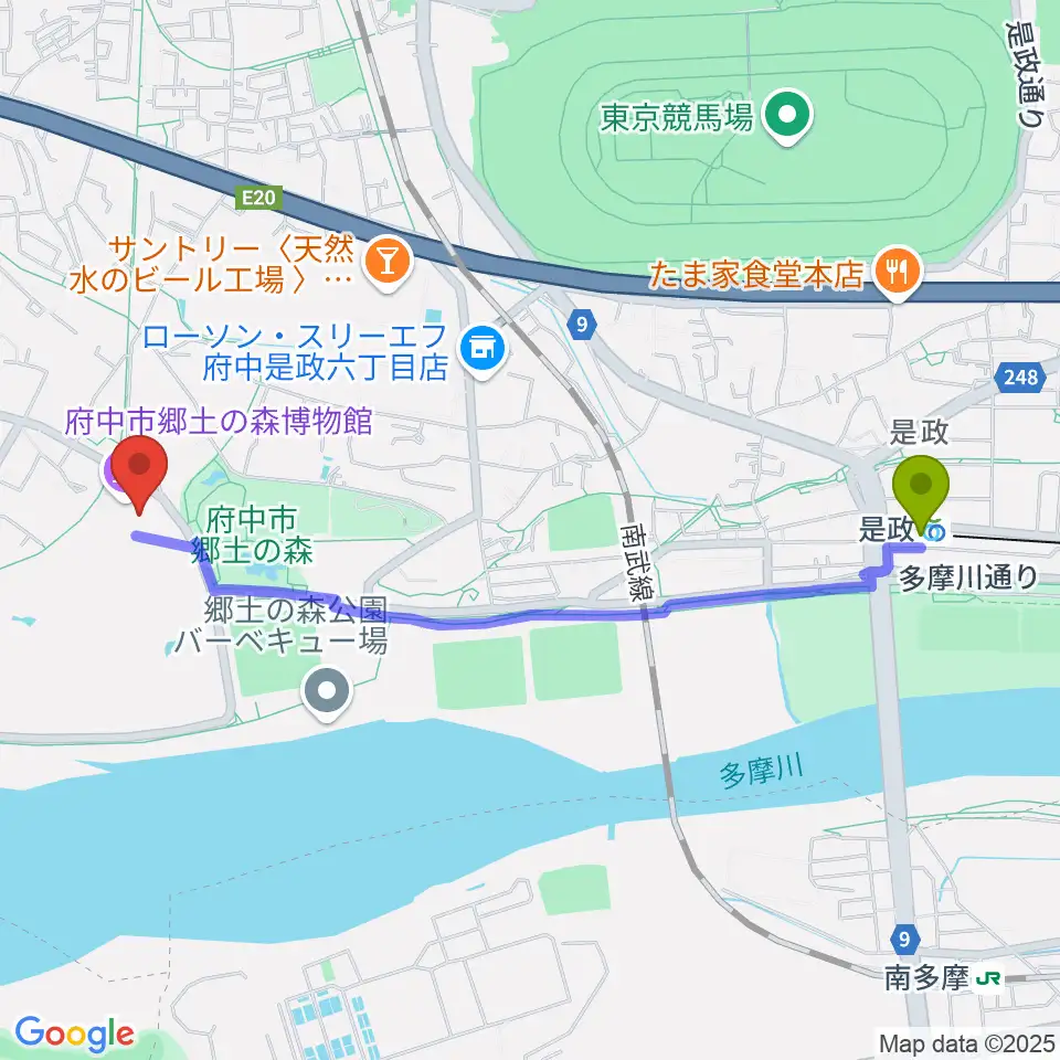 是政駅から府中市郷土の森博物館へのルートマップ地図