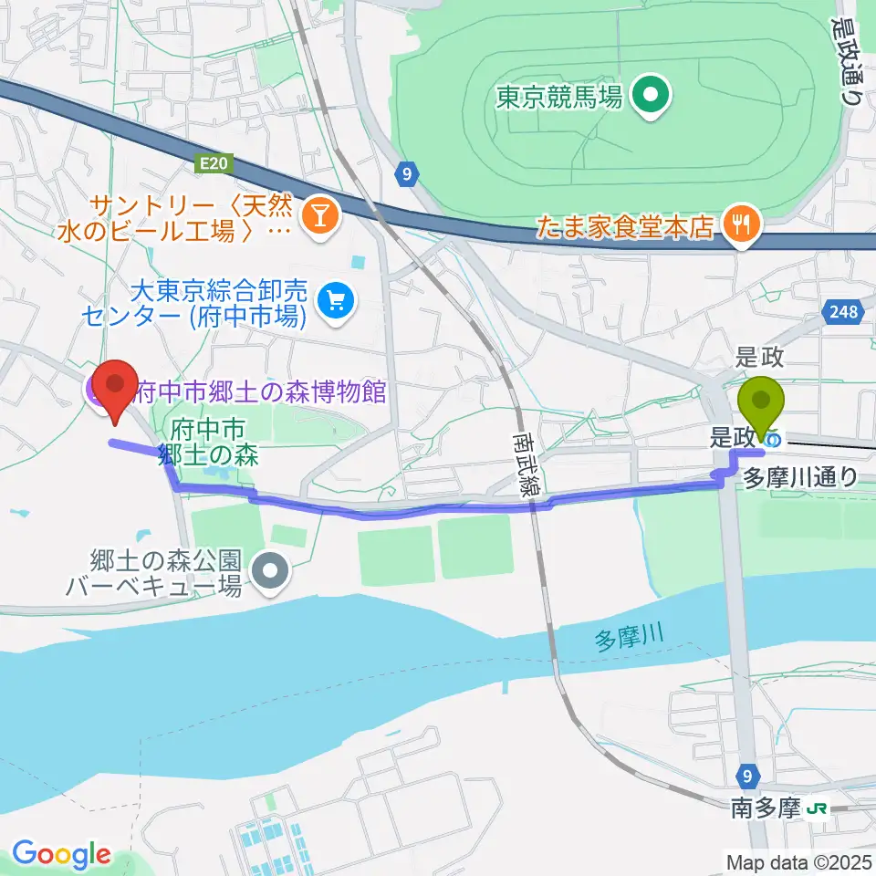 是政駅から府中市郷土の森博物館へのルートマップ地図